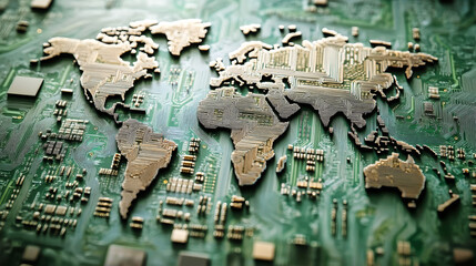 Global interconnectedness illustrated through a detailed world map crafted from circuit boards and technology components