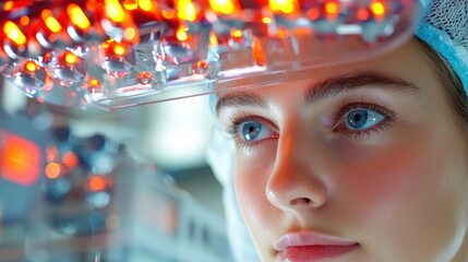 Naklejka premium Close-up of Young Woman Undergoing Innovative LED Therapy Treatment