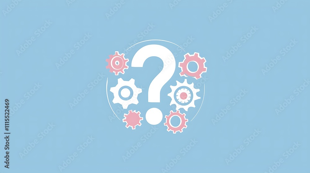 Poster a graphic featuring a question mark surrounded by colorful gears on a light blue background, symboli