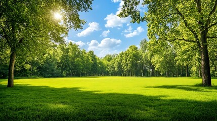 Obraz premium A serene green landscape with trees under a blue sky and fluffy clouds.