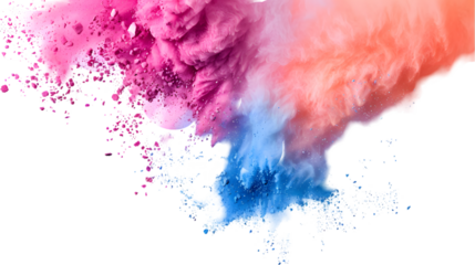 Pink, Orange, Blue colours powder exploding isolated on a transparent background