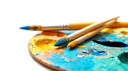 Fototapeta premium Vibrant Paint Palette and Brushes for Artistic Creativity in Stock Photography