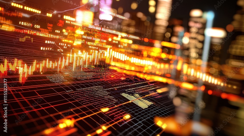 Poster abstract data visualization with glowing lines and city background
