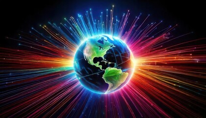 Obraz premium Fiber-optic cables in vibrant colors connecting to a glowing Earth in the center of a dark background