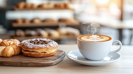 Delightful Morning Coffee with Pastries on a Cozy Cafe Table