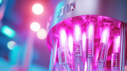 Close-Up of Futuristic Laboratory Equipment with Neon Lights and Tubes