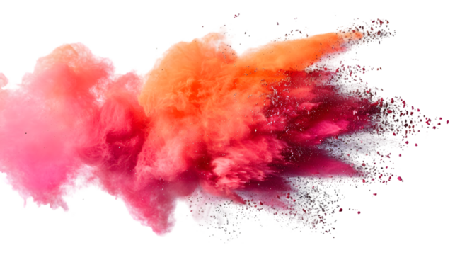 Pink, Orange, Red colours powder exploding isolated on a transparent background