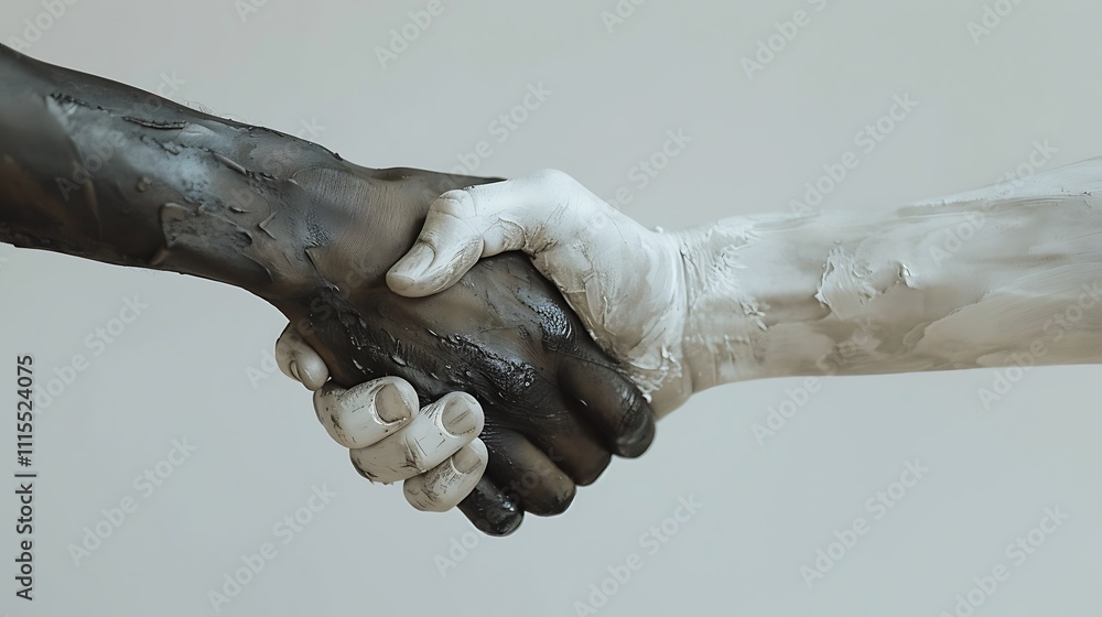 Poster a striking image of two hands-one dark and one light-shaking, symbolizing unity and diversity.