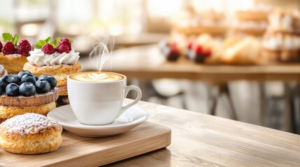 Obraz premium Fresh Coffee and Pastries in Cozy Cafe Setting with Natural Light