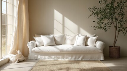 Sunlit Living Room With White Sofa And Plant