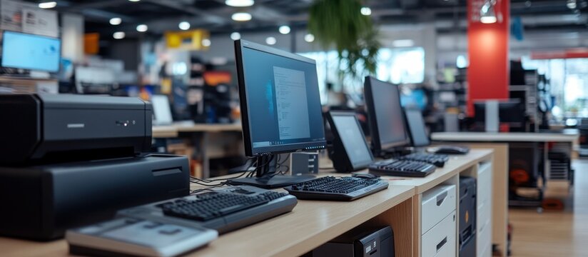 A row of computers and peripherals on display in a tech store.