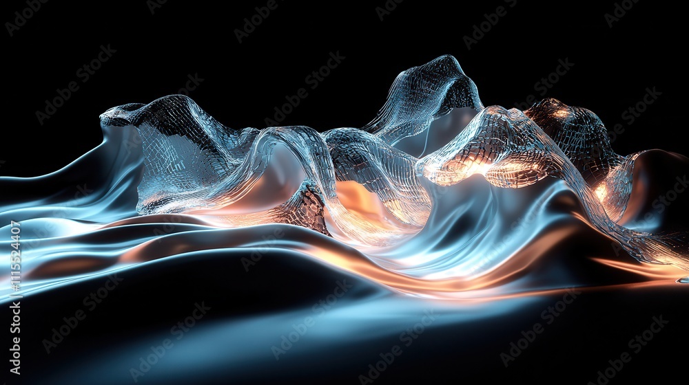 Poster glossy abstract 3d scene with flowing structures and dynamic light effects