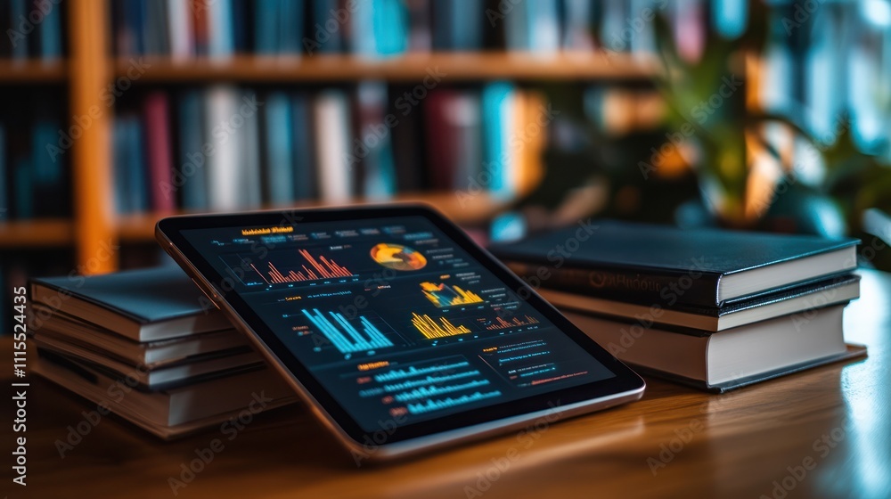 Poster a tablet displaying data charts and graphs sits atop a stack of books on a wooden desk with bookshel