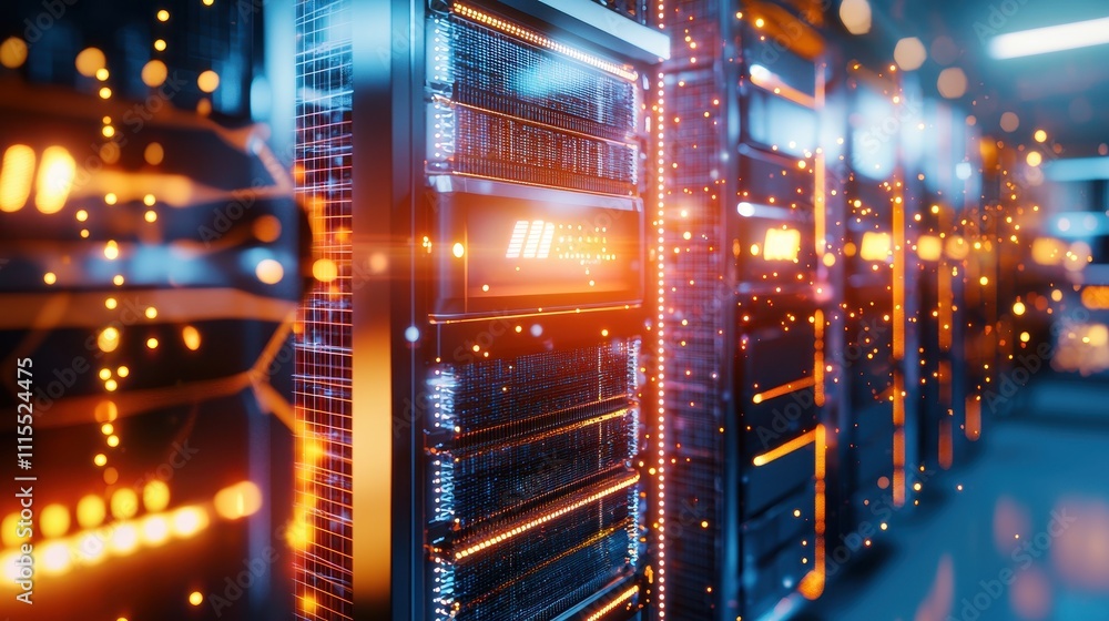 Poster futuristic data center with server racks and glowing connections