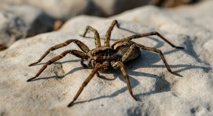 Macro view of a wolf spider on rocky surface highlighting natural camouflage