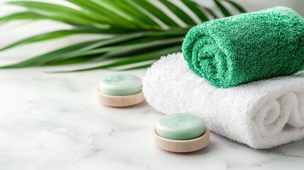 Soft towels and green soap on a marble surface with tropical leaves