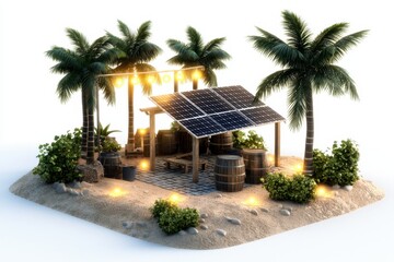 Fototapeta premium Eco-Friendly Oasis with Solar Panels and Tropical Palm Trees