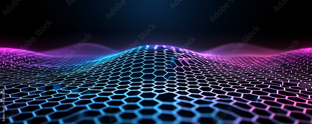 Poster microscopic view of a graphene sheet, showing its hexagonal atomic structure, electrifying aura repr