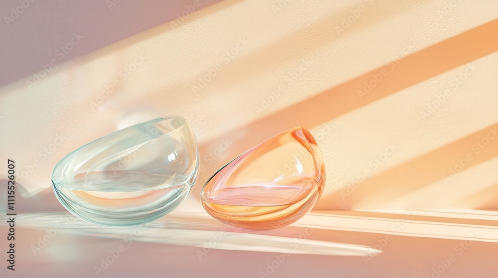Poster serene interplay of glassy forms in soft light with flowing shadows and beautiful colors