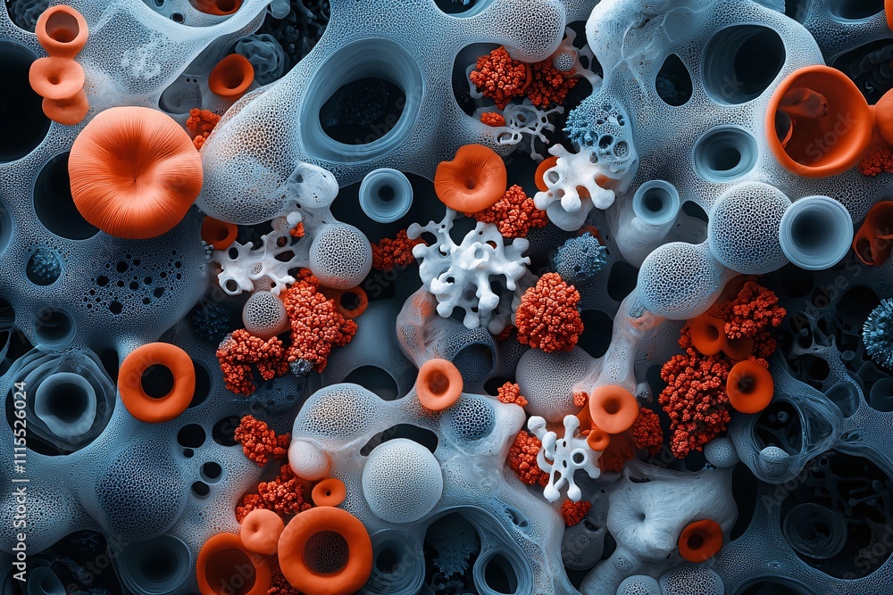Poster colorful nanostructures under a high-resolution electron microscope, surreal textures and patterns r