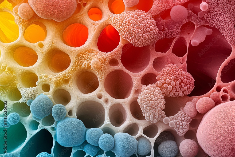 Poster colorful nanostructures under a high-resolution electron microscope, surreal textures and patterns r