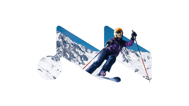 Contemporary art collage. Skier dressed in winter gear glides on snowy slopes against backdrop of rugged mountain peaks. Thrilling winter sports moment. Concept of extreme winter sports, recreation. - Powered by Adobe