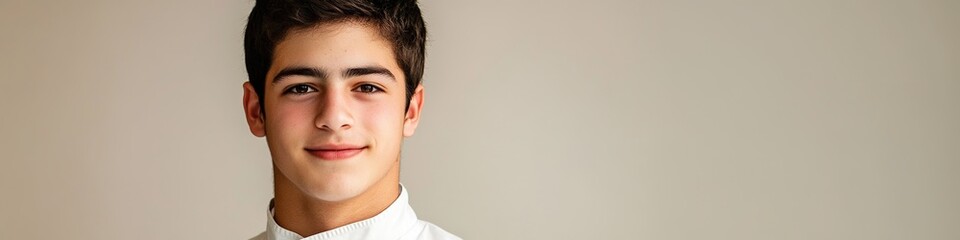 Obraz premium A portrait of a young male chef wearing a white uniform, smiling warmly against a neutral background. This image promotes the art of cooking and embodies professionalism in the culinary field, making 