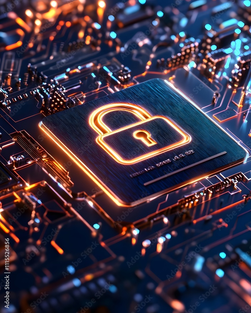 Poster a digital lock icon on a circuit board, symbolizing cybersecurity and data protection.