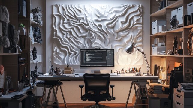 Artisans at work digital art studio crafting intricate designs modern workspace creative environment focused viewpoint