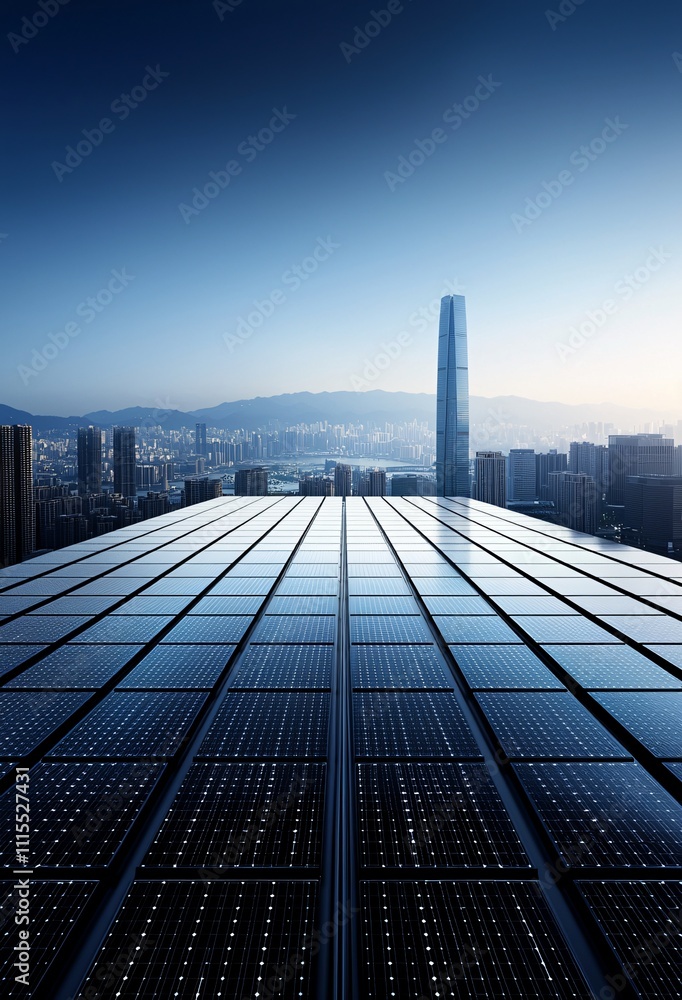 Poster nanomaterial-based transparent solar panels on futuristic architecture, blending seamlessly into the