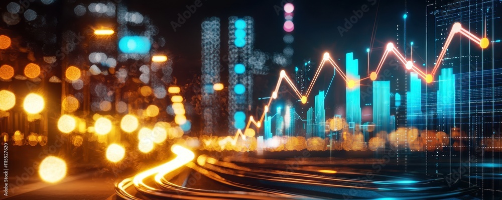 Poster abstract city night scene with financial data display and bokeh lights