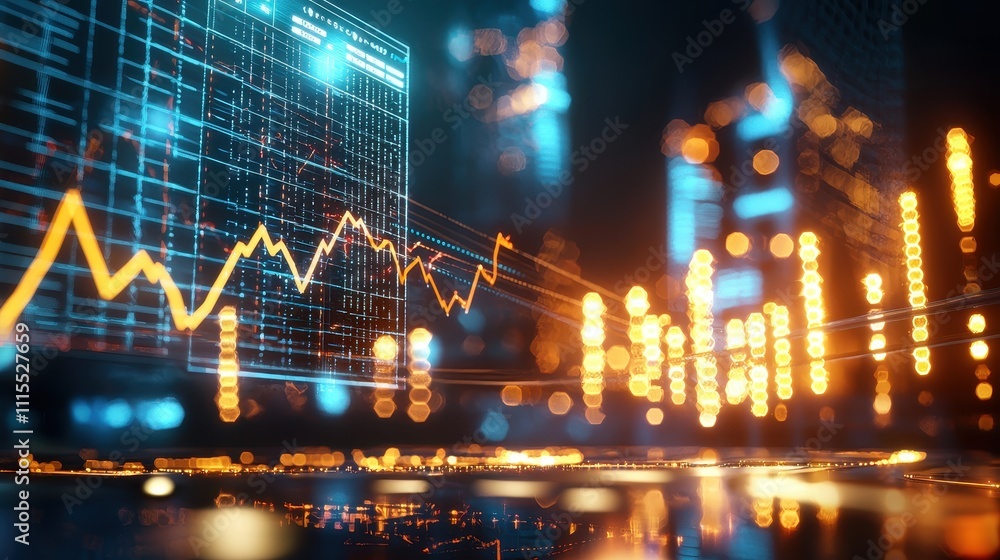 Poster dynamic financial market analysis with graphs and city background