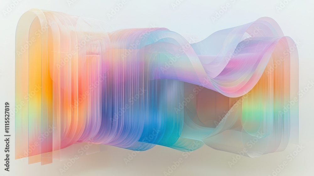Poster cascading arcs of semi-transparent material with colorful infusions and gentle flowing motion