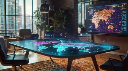 Interactive workspace with world map display in modern office visual data environment urban setting tech concept