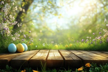 A serene spring scene with colorful eggs on a wooden platform amidst flowers and greenery.