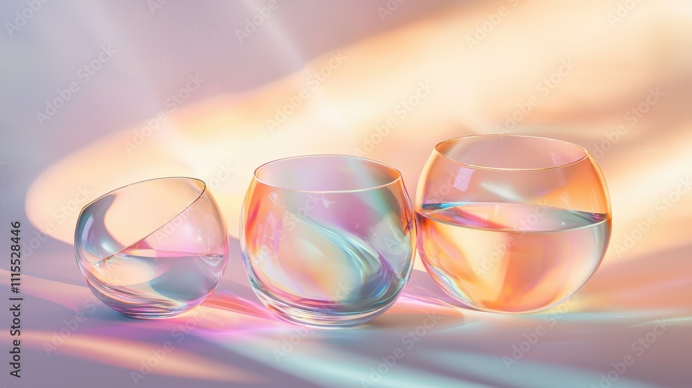 Poster delicate curving shapes of reflective glass in soft colorful light patterns