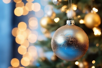 Obraz premium Decorated Christmas tree on blurred bokeh background, New Year's Eve, lights and blue colors