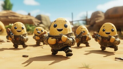 A group of cheerful, animated potato-like characters in a desert setting, armed and playful.