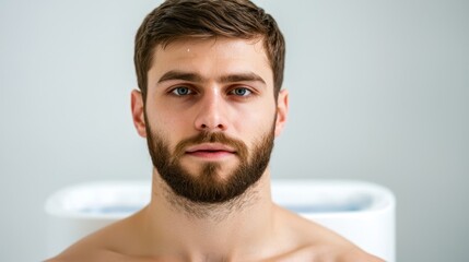 Naklejka premium Attractive young man with beard and deep gaze in minimalistic space