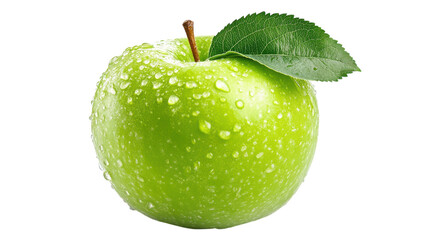 A vibrant green apple rests on a white surface, adorned with glistening water droplets that highlight its freshness. The bright leaf adds a touch of nature's beauty