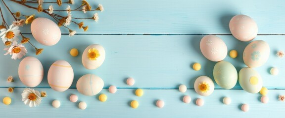 Pastel Easter Eggs Flowers Candy on Blue Wood