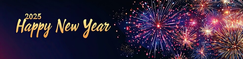Fototapeta premium Fireworks display in the night sky with text Happy New Year written on it, creating an atmosphere of celebration and joy for a festive greeting card design