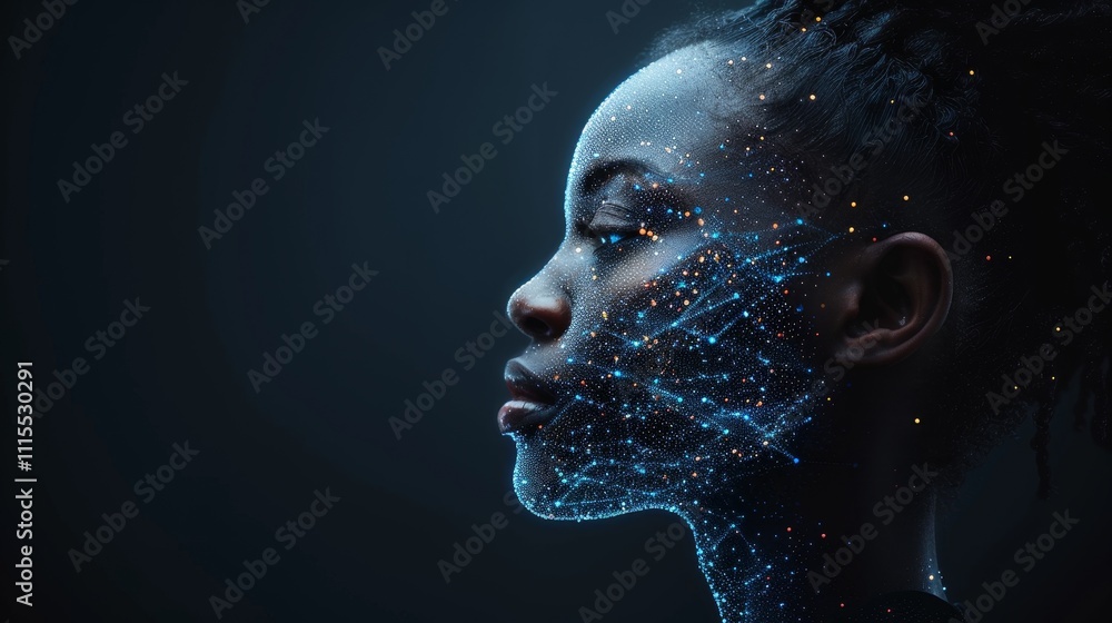 Poster glowing digital head silhouette representing artificial intelligence and futuristic neural networks
