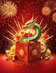 Fototapeta premium A festive New Year with a red gift box adorned with a gold bow in the foreground.
