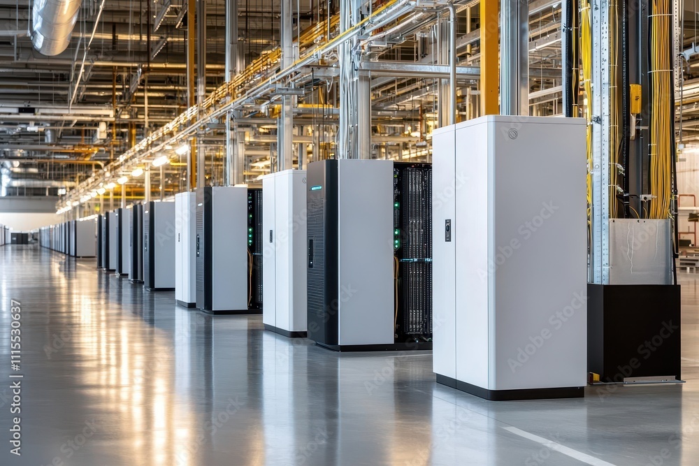 Poster modern data center interior with rows of server cabinets and cables