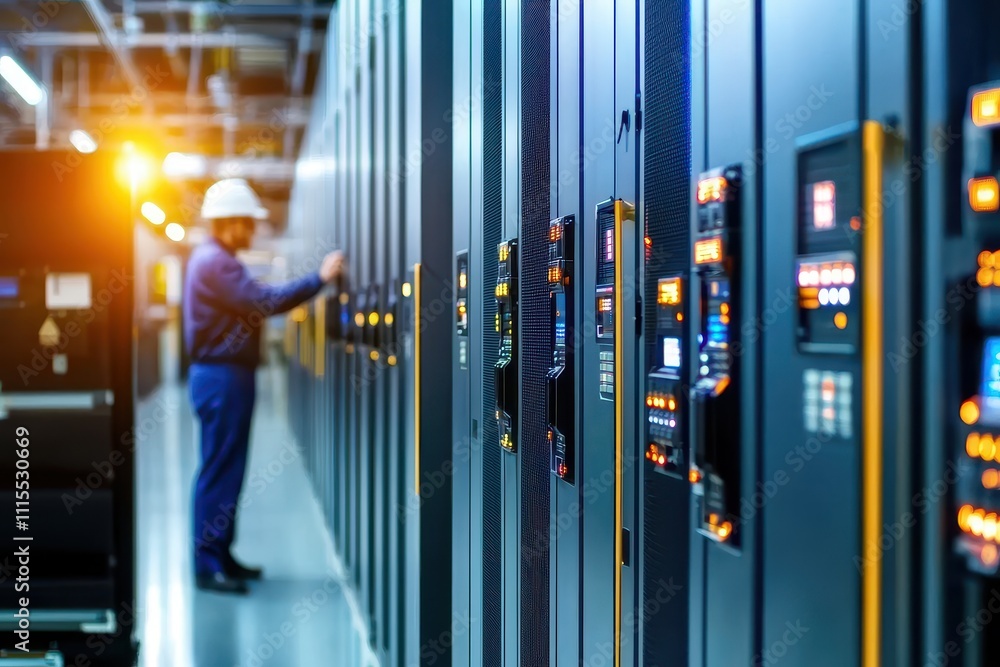Poster Technician Monitoring Server Rack in High-Tech Data Center Facility