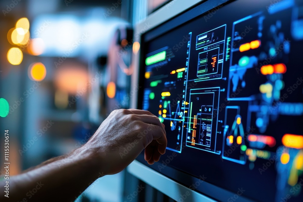 Poster Hand Interacting with Digital Screen Displaying Data Information Graphics