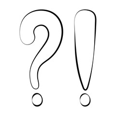 Hand drawn black exclamation and question marks in doodle style isolated on white background. Vector infographic, punctuation mark.