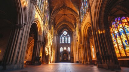 Obraz premium grand entrance to ancient cathedral, towering stone arches, soft light filtering through stained glass windows, atmosphere of reverence and history