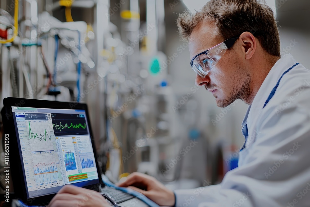 Aufkleber Scientist Analyzing Data on Laptop in Laboratory Environment